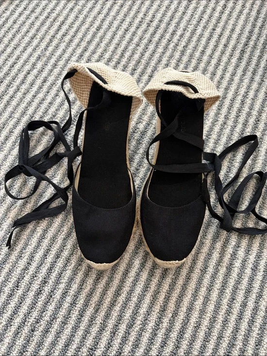 Black Espadrille Lace-Up Flats - Unbranded