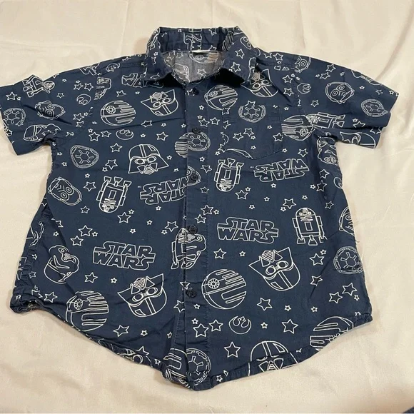 Gymboree Gym Friends Star Wars Boys Navy Blue Button‎ Down Shirt Size S 5-6