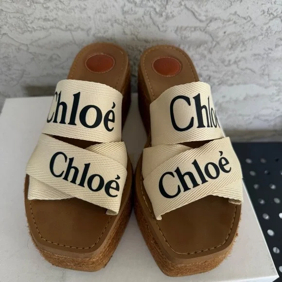 Chloe Woody Canvas Espadrilles Platform Sandals Size 41 EU‎ 10 US White x Brown