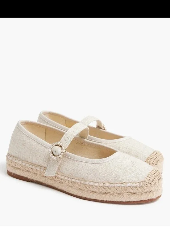 J. Crew Espadrille Mary Jane Flats 8 New Linen organic cork cotton garden