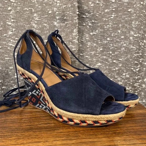 Cabi 6001 Isla Tassel Ankle Tie Espadrille Wedges Navy Blue Women's‎ 8.5M
