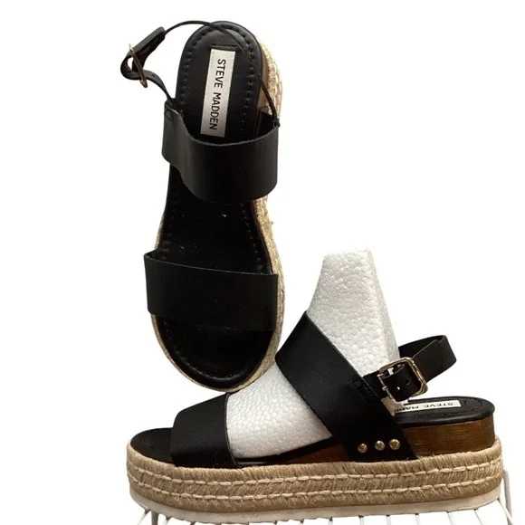 Steve Madden Black Leather‎ Espadrille Platform Sandals Women's 7.5M