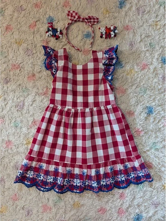 Gymboree Girl's 6 Red and White Gingham Dress with Blue Floral Trim Accessories