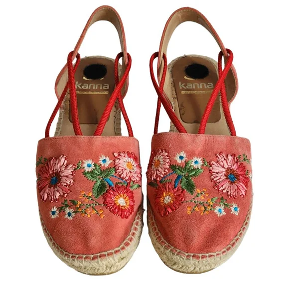 KANNA‎ Coral Red Floral Embroidered Espadrilles Size 39 8.5