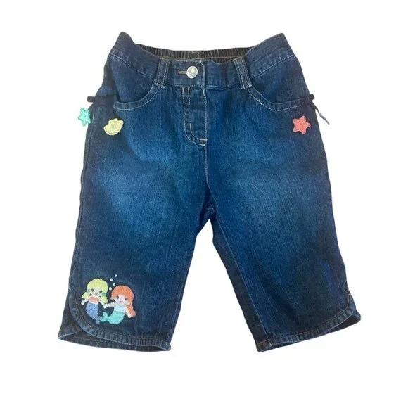 Gymboree Girls Mermaid Embroidered Blue Denim Jeans 18-24M Seashells