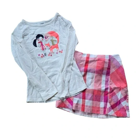 Gymboree 2pc Skirt Set Kids‎ Size 12 Pink Plaid Fox Graphic Woodland Preppy Core