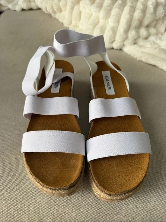 Steve Madden White Elastic-Strap Espadrille Wedge Sandals