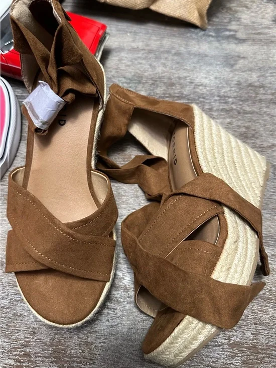torrid NWOT Brown Suede Espadrille Wedge Sandals with Ankle Wrap