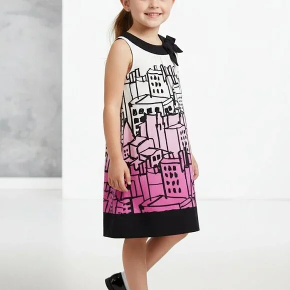 🎀 Gymboree Cityscape Dress Pink/White/Black Bow |100% Cotton | size 8