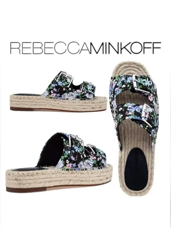 Rebecca Minkoff Jodi Espadrille Sandal Black Flower Print Size 7.5 NEW with Box
