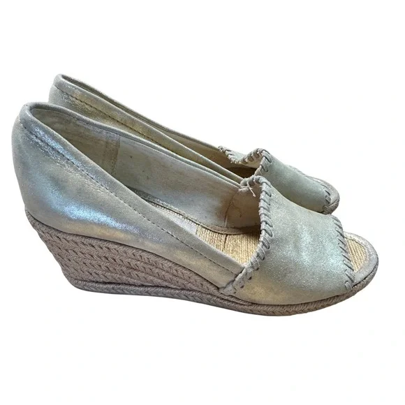 Jack Rogers‎ Metallic Gold Leather Espadrille Wedge Peep Toe Shoes Women Size 6