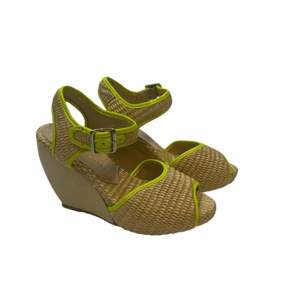 Loeffler Randall 5.5B Wedge Sandals Neon Trim Raffia‎ Straw Peep Toe Shoes