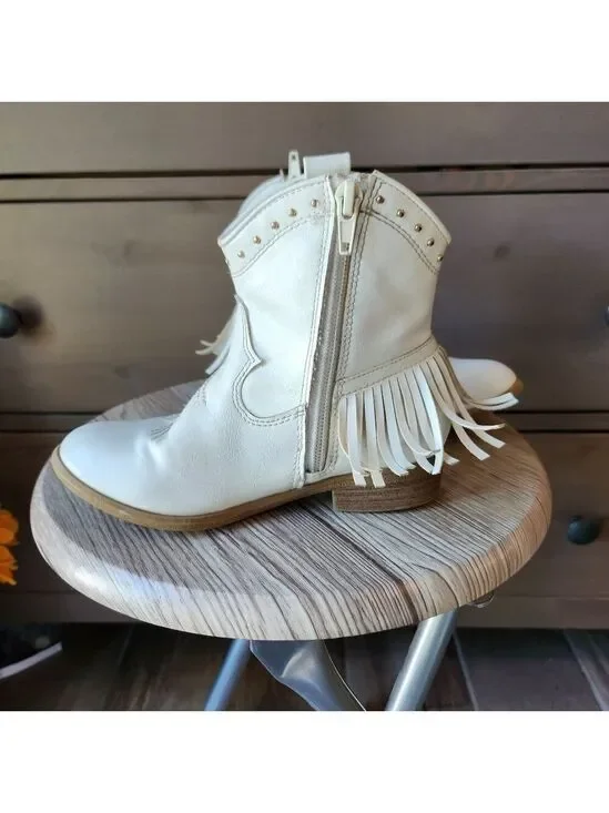 White Dream Pairs Cowgirl  Fringe  Ankle Western  Boots . Little Girls 11