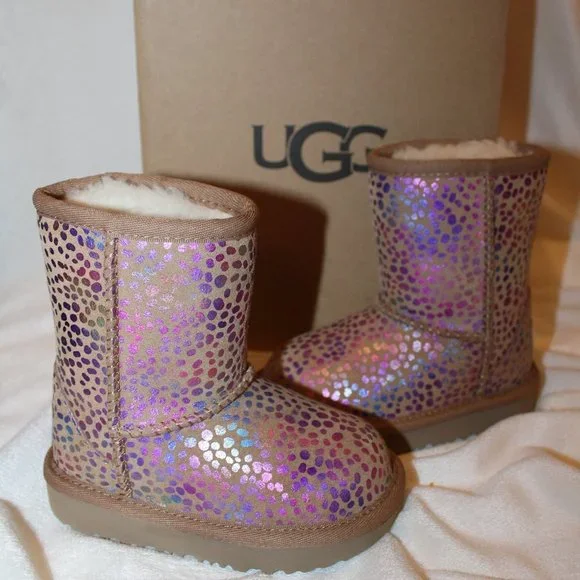 NIB UGG TODDLER METALLIC‎ SPOTS SUEDE SHEARLING BOOTS CHESTNUT PINK PURPLE 6T
