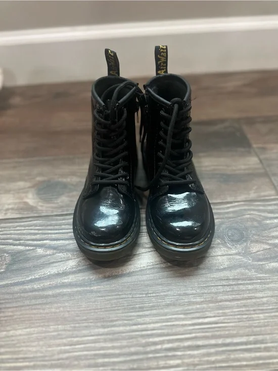 Dr. Martens Kids Black Patent Lace-Up Combat Boots with Yellow Heel Loop