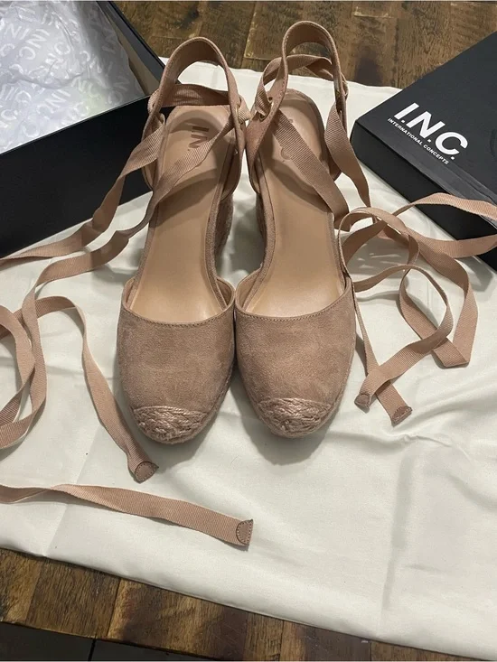 INC International Concepts Dusty Pink Espadrille Wedge Sandals with Ankle Wraps