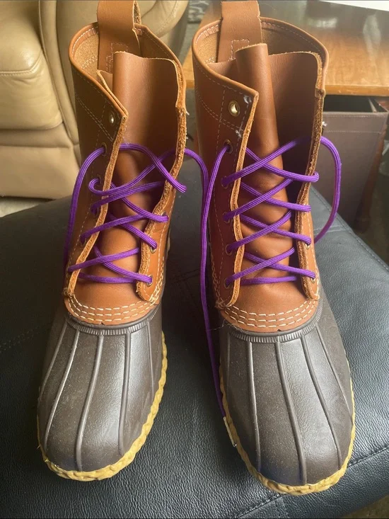 L.L. Bean Chestnut and Dark Brown Bean Boots with Purple Laces