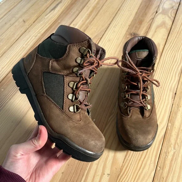 Timberland Boys 2 Brown Leather Olive Green Canvas Field Boots beef‎ & broccoli