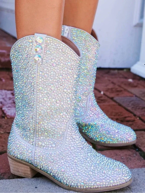 Lola + The Boys Silver Crystal Cowgirl Boots - Size 2Y (33)