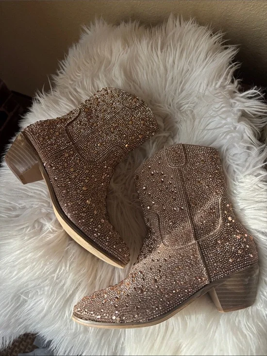 Badgley Mischka Rose Gold Crystal Sequin Western Ankle Boots Size 3