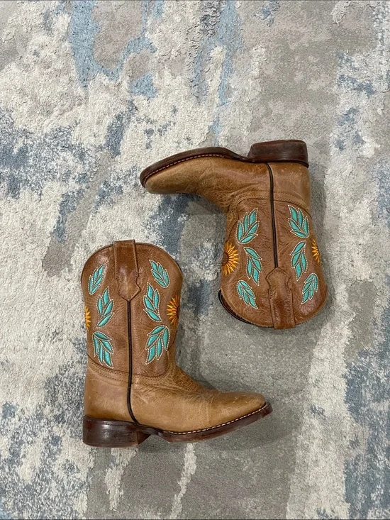 Girls Leather Floral Embroidered Cowboy Boots Size 17.5 Mexico (10.5 US)