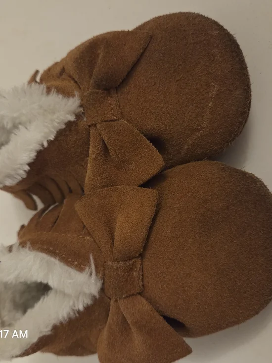 Kids Brown Bow Suede Booties with Faux Fur