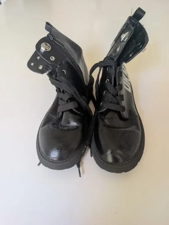 DKNY Kids Black Leather Combat Ankle Boots Lace-Up Side Zip US 4.5