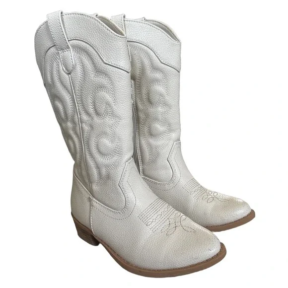 Cat & Jack Girls Pearlescent White Cowboy Boots Western Stitch Zip Up Size 1