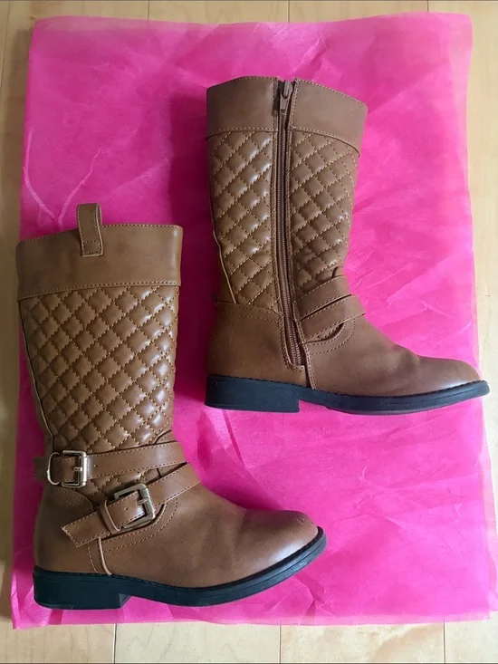Dream Pairs Brown Quilted Girls Mid-Calf Buckle Boots