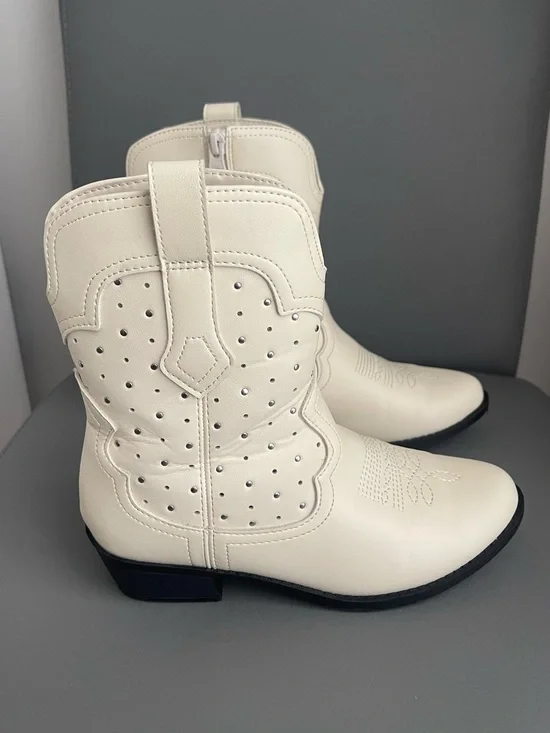 Art Class Kids White Western Boots Side Zip Studded Cowboy Boots Girl Size 3