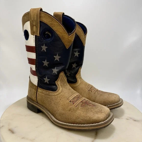 Cody James Boots Leather USA Flag Western Broad Square Toe Kids Size 9D