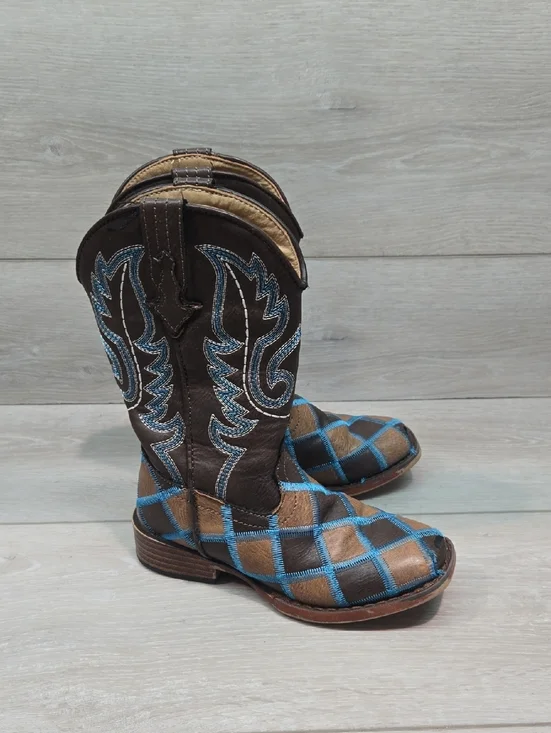 Roper Kids Girl Tall Leather Western Boots with Blue Stitch Plaid Shoes Sz 11