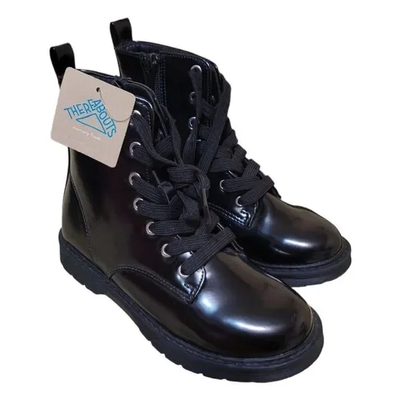 Thereabouts Memory Foam Black Shiny Combat Boots SZ 1M