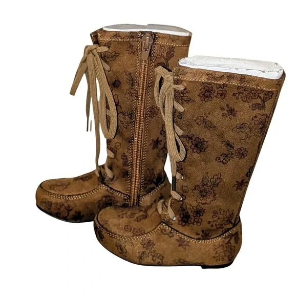 joyfolie Girls Brown Floral Print Lace Up Side Zip Tall Boots Size Toddler 5 NEW