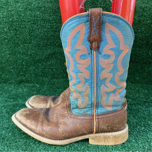 Twisted X Hooey Boots Size 4M Looper Leather Cognac Blue‎ Orange Cowboy Western