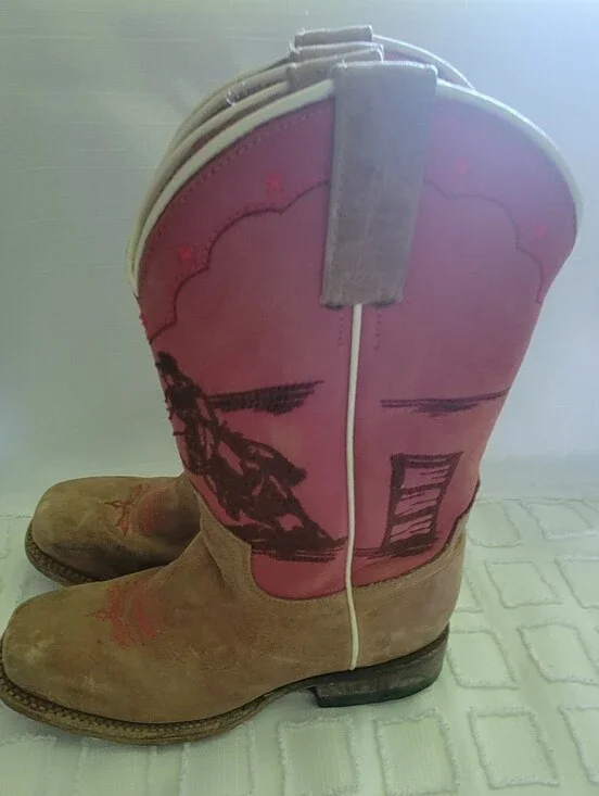 Barrel Racing Brown Suede & Pink Leather Kids Western Cowboy Boots