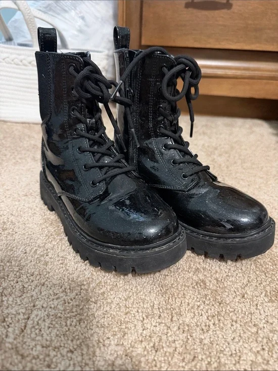 Black Sparkly Patent Combat Boots - Girl’s With Side Zipper