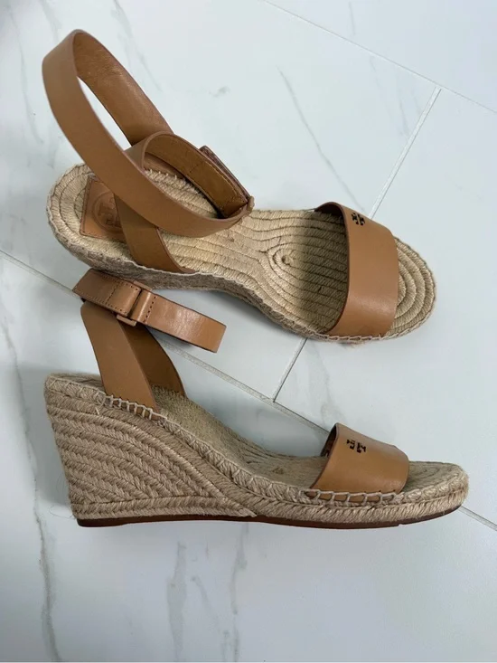 Tory Burch Tan Leather Espadrille Wedge Sandals- 9.5