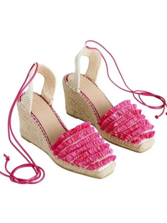 Boden Ankle Tie Pink Raffia Wedge Espadrille Sz 39