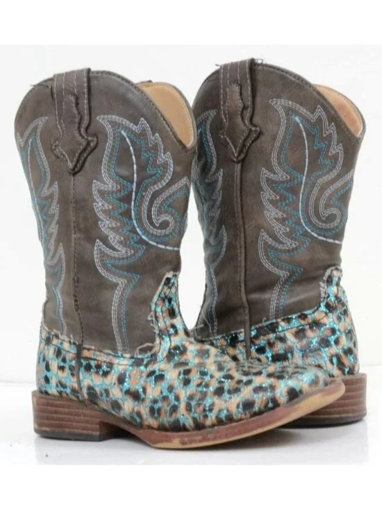 Roper Girls' 11 Glitter Teal Leopard Western Boots - Square Toe Cowgirl