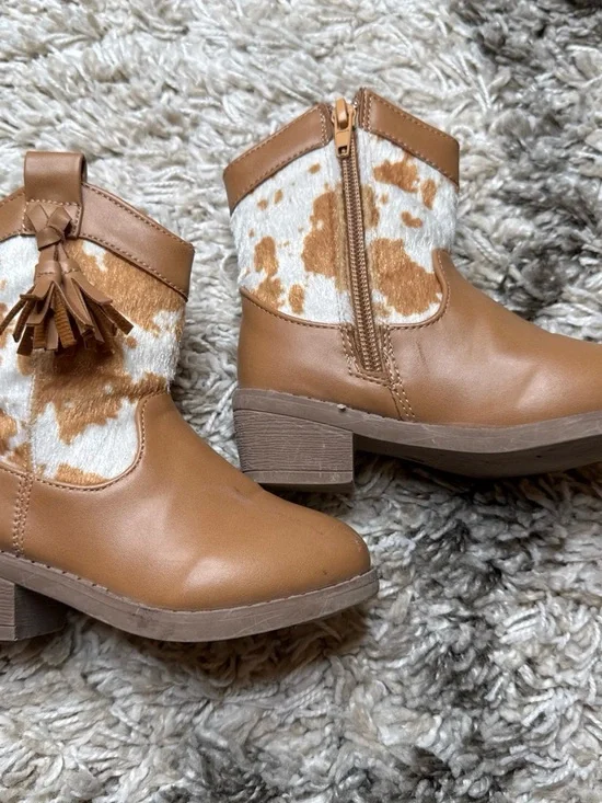 Girls Tan Cowhide-Accent Ankle Boots with Tassel Zipper