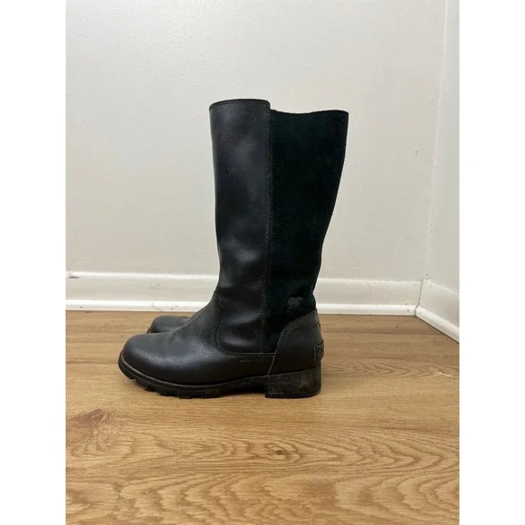 Sorel Gorpcore Emelie Tall Waterproof Boot Kids 3 Black Leather Suede NY1943-010