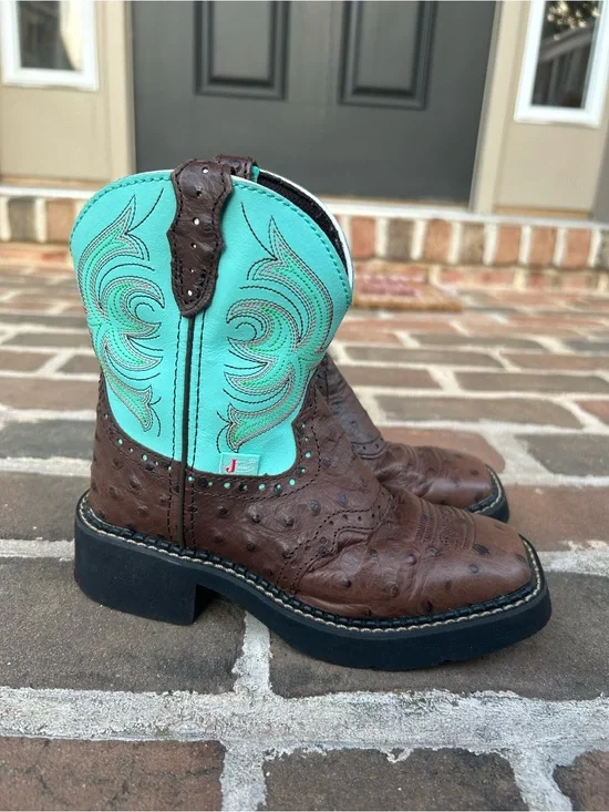 Justin Gypsy Ostrich Western Boots Chocolate Brown Turquoise Leather Girls 12