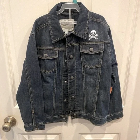 Gymboree Boys Denim Jacket Dark Wash Skull Cross Wrench Embroidery Size M 7-8