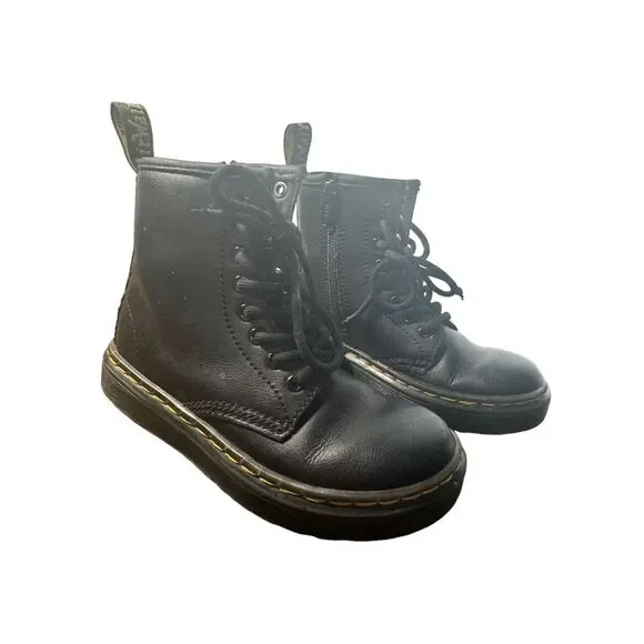 Dr Marten Girls Black Leather Lace Up Side Zip Boots Docs Girls Size 11‎