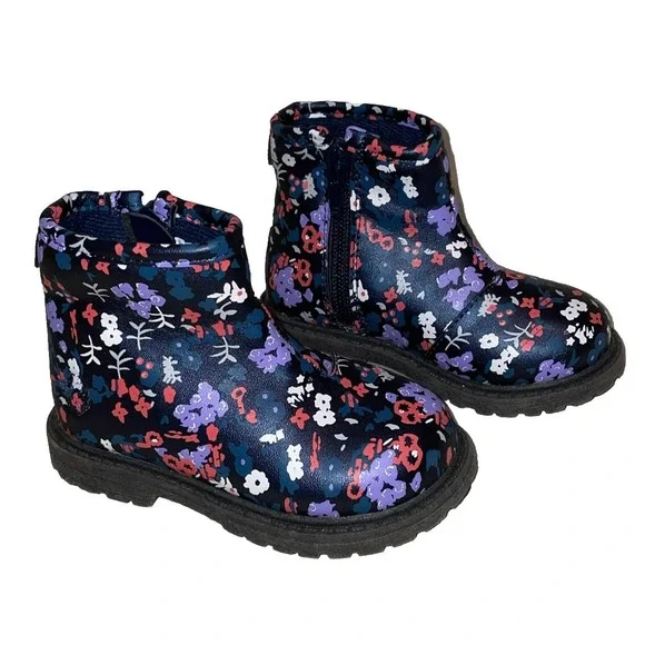 OshKosh Kids‎ Size 5 Ankle Boots Navy Blue Floral Raquel Side Zip Booties