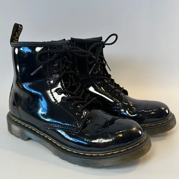 Doc‎ Martens Girls Kids 3 Black Lace Up Patent Leather Boots 1460 J