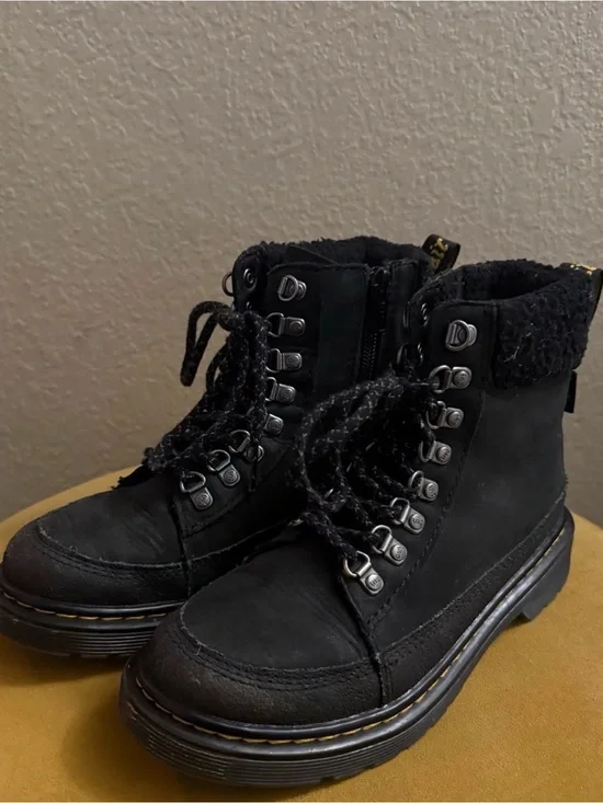 Dr. Martens Kids Black Lace-Up Faux Fur Cuff Ankle Boots