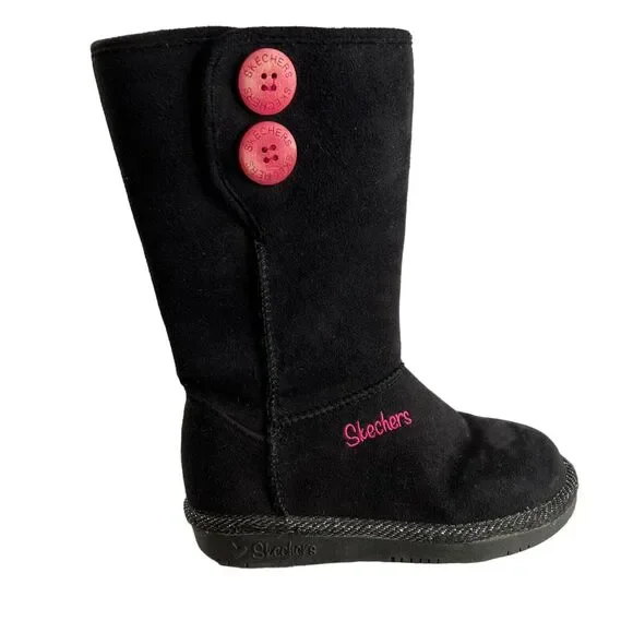 Skechers Girls Mid-Calf‎ Black Boots Pink Buttons Size 11 Fall Winter