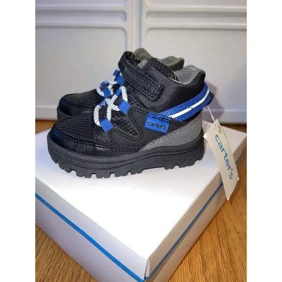 Carters Toddler Boys Black Blue Hiking Boots Hook Loop Strap Rugged‎ Sole NWT